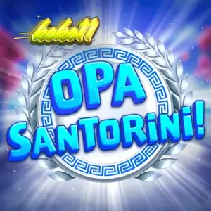 Pemandangan indah dari permainan slot Opa Santorini dengan latar belakang bangunan putih khas Santorini.